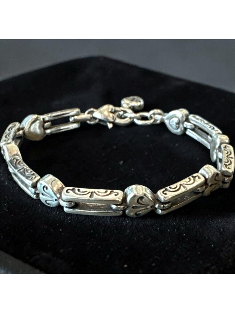 Brighton Pompeii Heart Link Bracelet Silver Tone Scroll Adjustable 7" to 8"